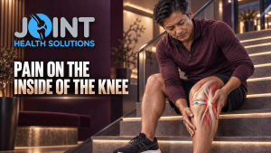 Pain on the inside of the knee banner showing a man experiencing medial knee pain with a detailed anatomical view of the inner knee.