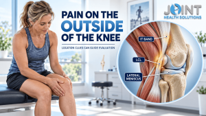 Pain on the outside of the knee banner showing a patient and lateral knee anatomy, including the IT band, LCL, and lateral meniscus.