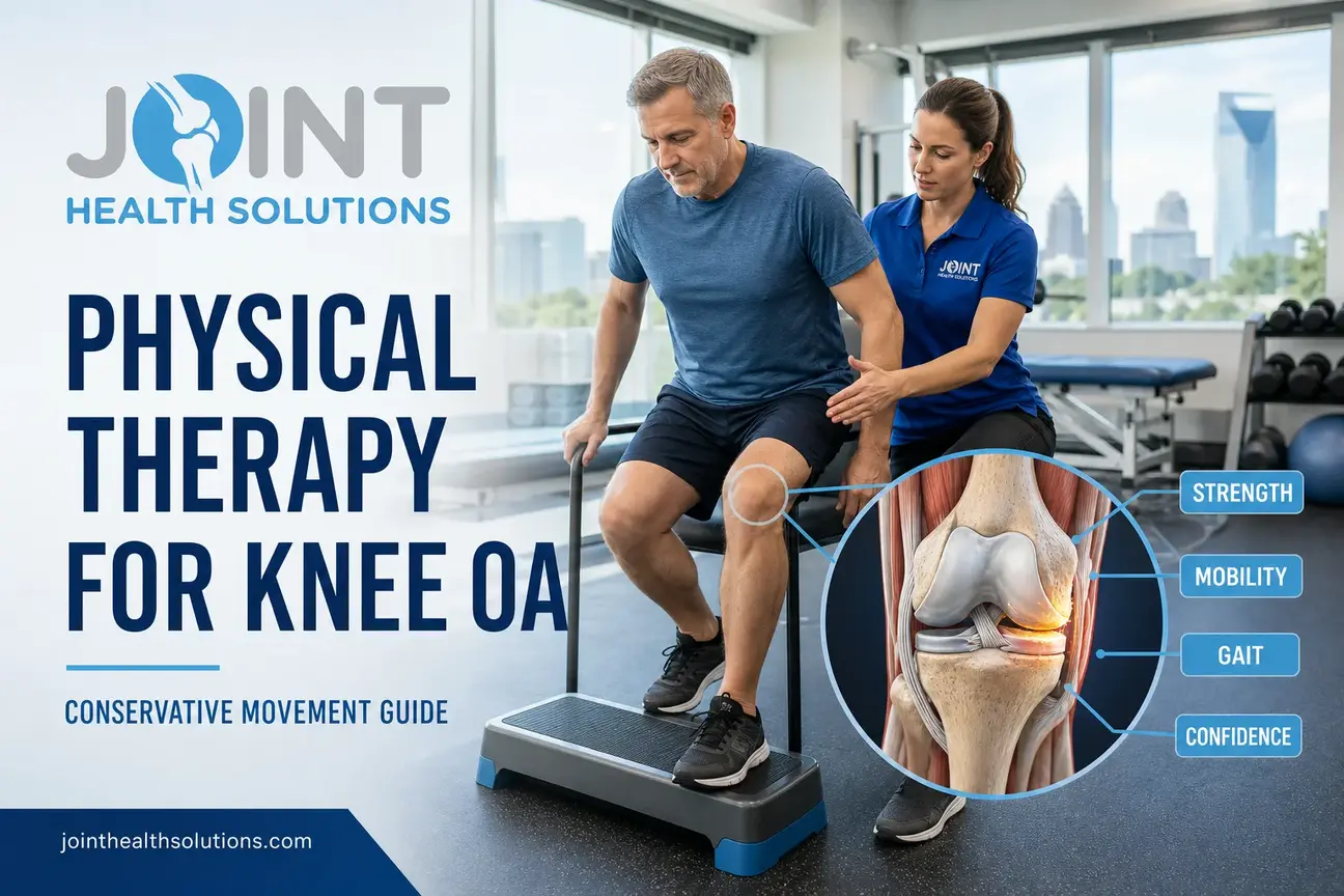Physical therapist guiding an adult patient through knee rehab with a knee anatomy inset.