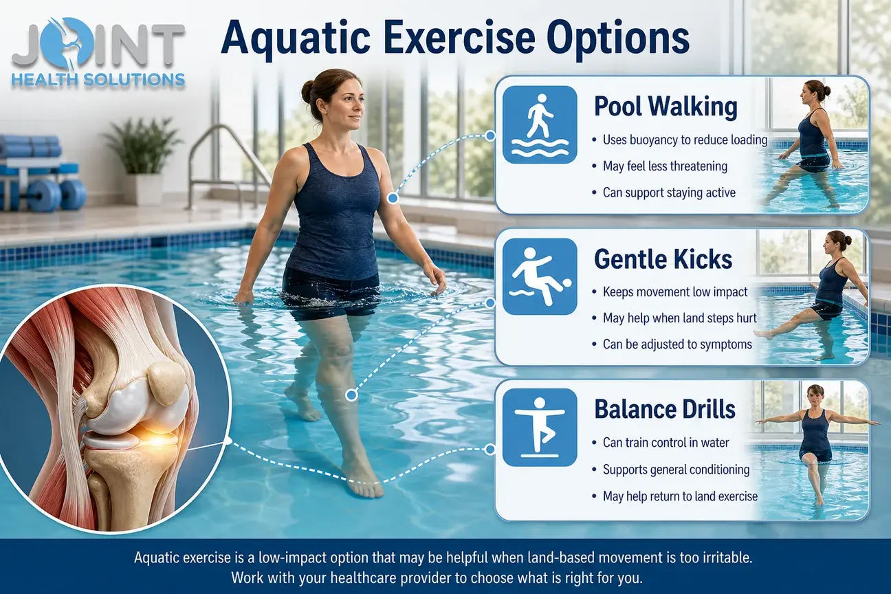 Aquatic exercise infographic showing pool walking, gentle kicks, and balance drills for knee osteoarthritis.