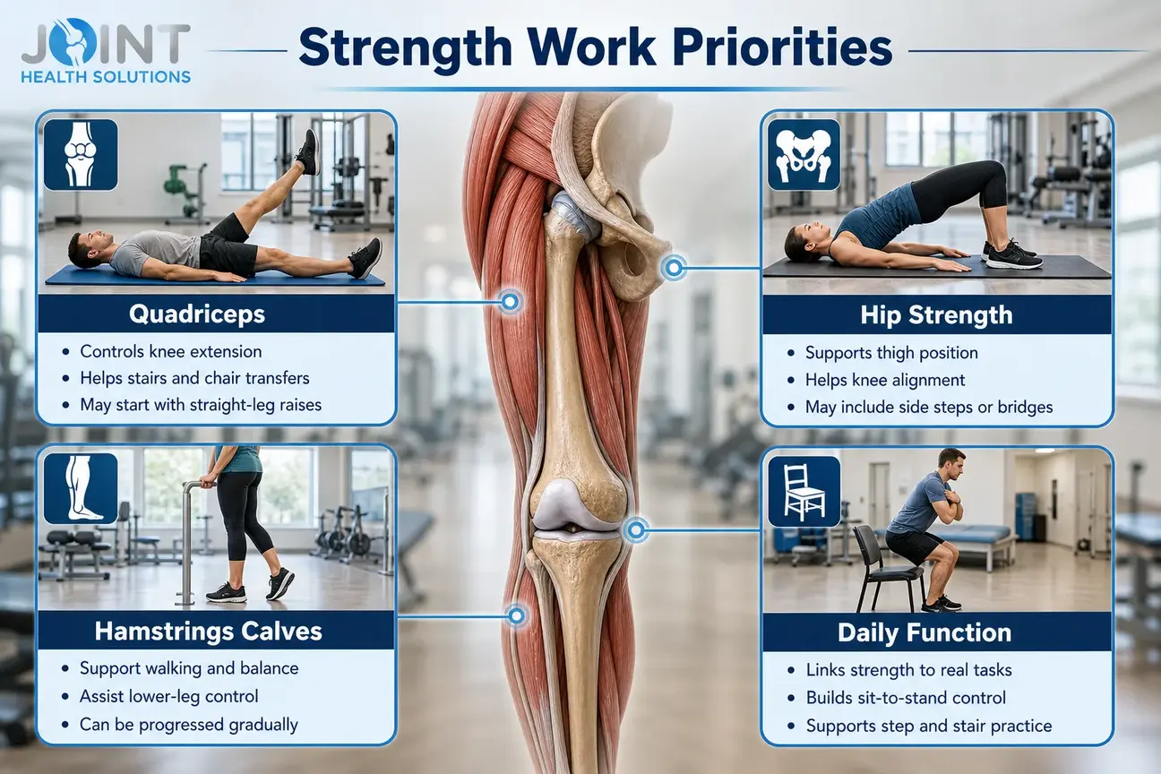 Infographic showing quadriceps, hip, hamstring, and calf strengthening for knee osteoarthritis.