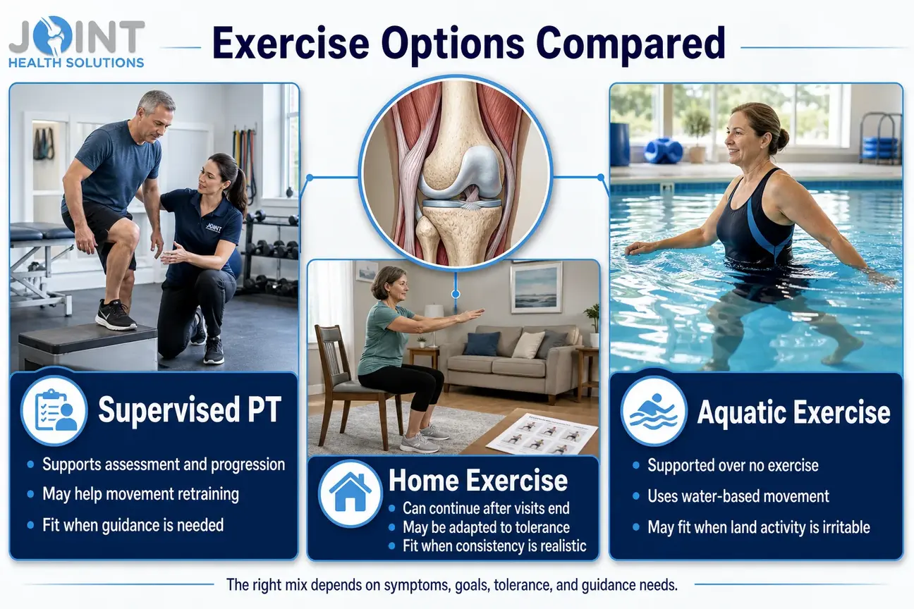 Comparison infographic of supervised PT, home exercise, and aquatic exercise for knee osteoarthritis.