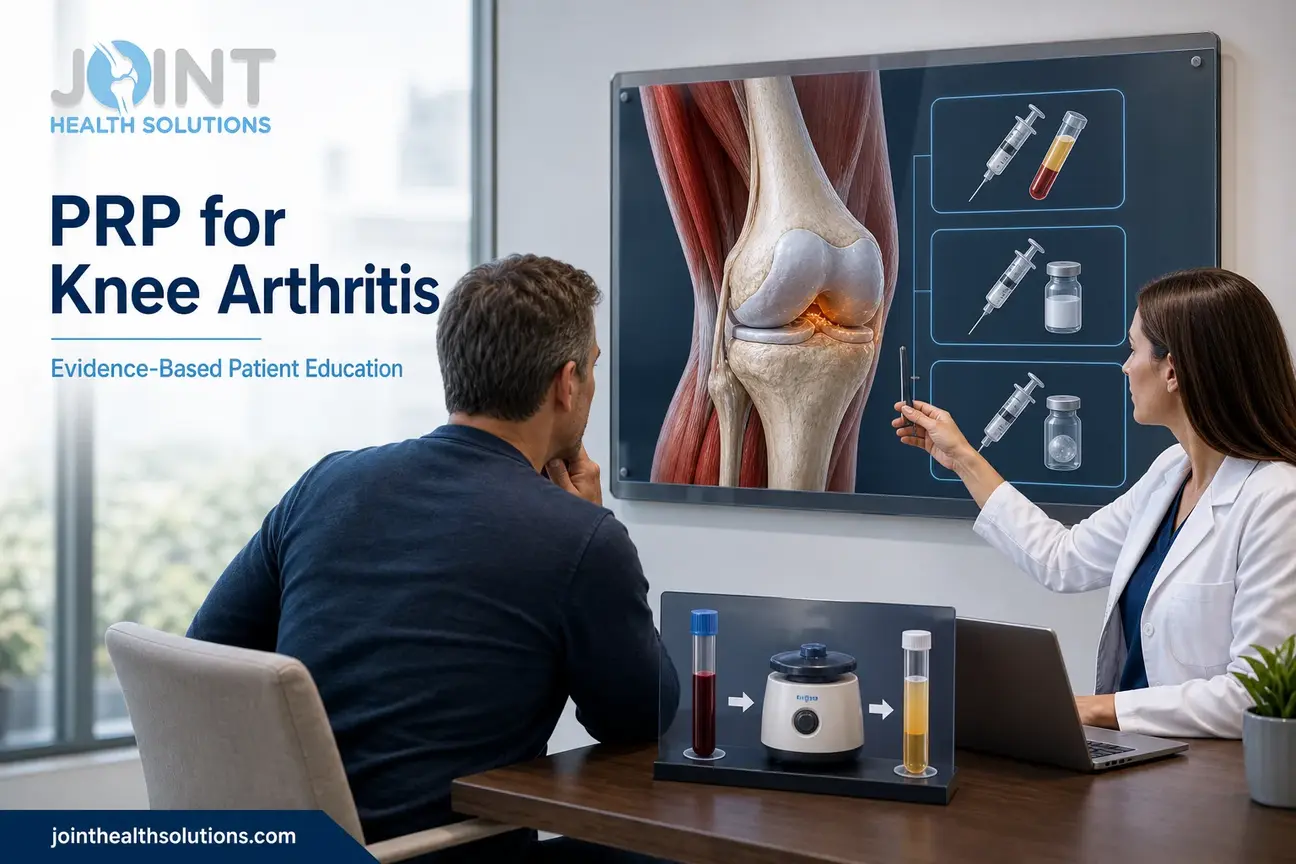 Clinician explaining prp knee arthritis evidence with knee anatomy and PRP preparation concept.