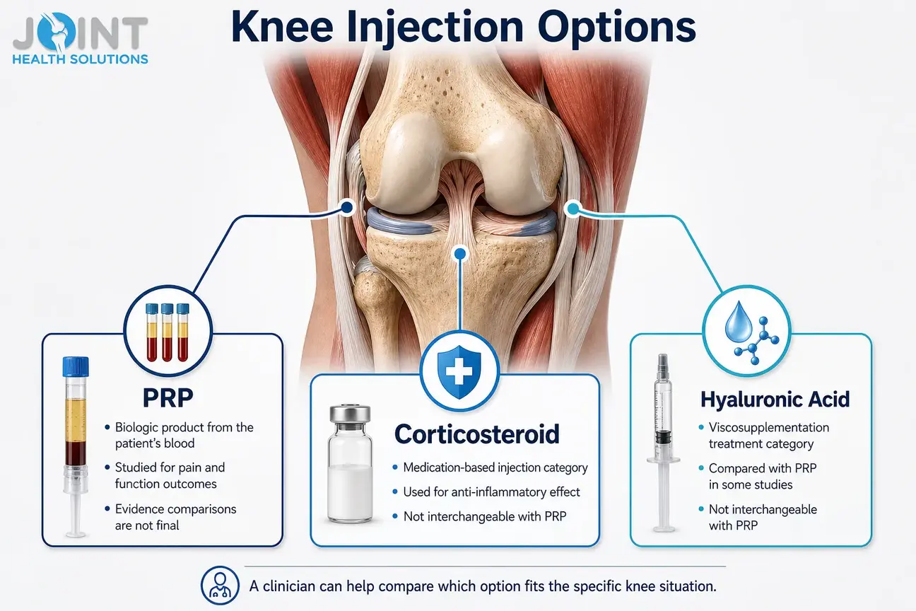 Comparison infographic of PRP, corticosteroid, and hyaluronic acid injections for knee arthritis.
