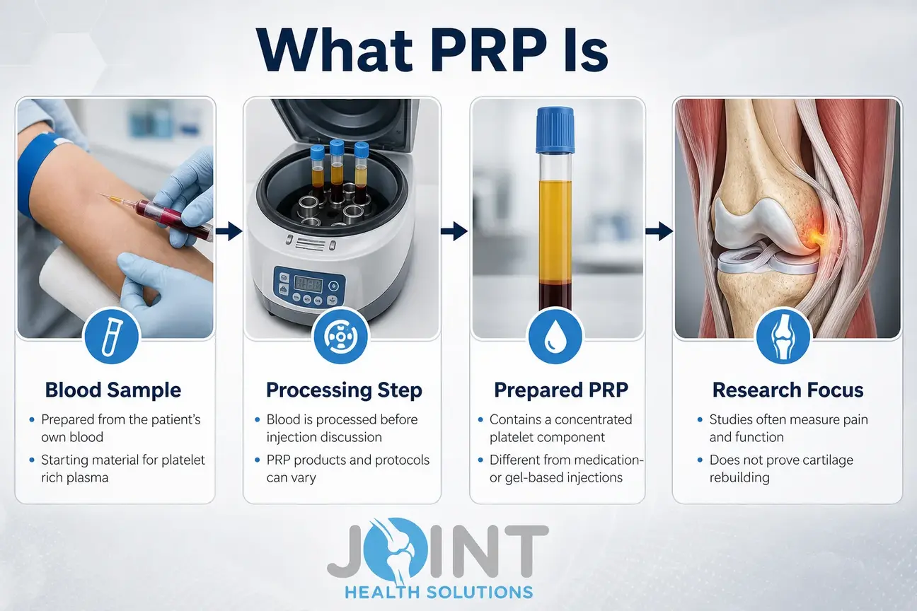 Infographic showing how platelet rich plasma is prepared from blood for knee arthritis discussion.