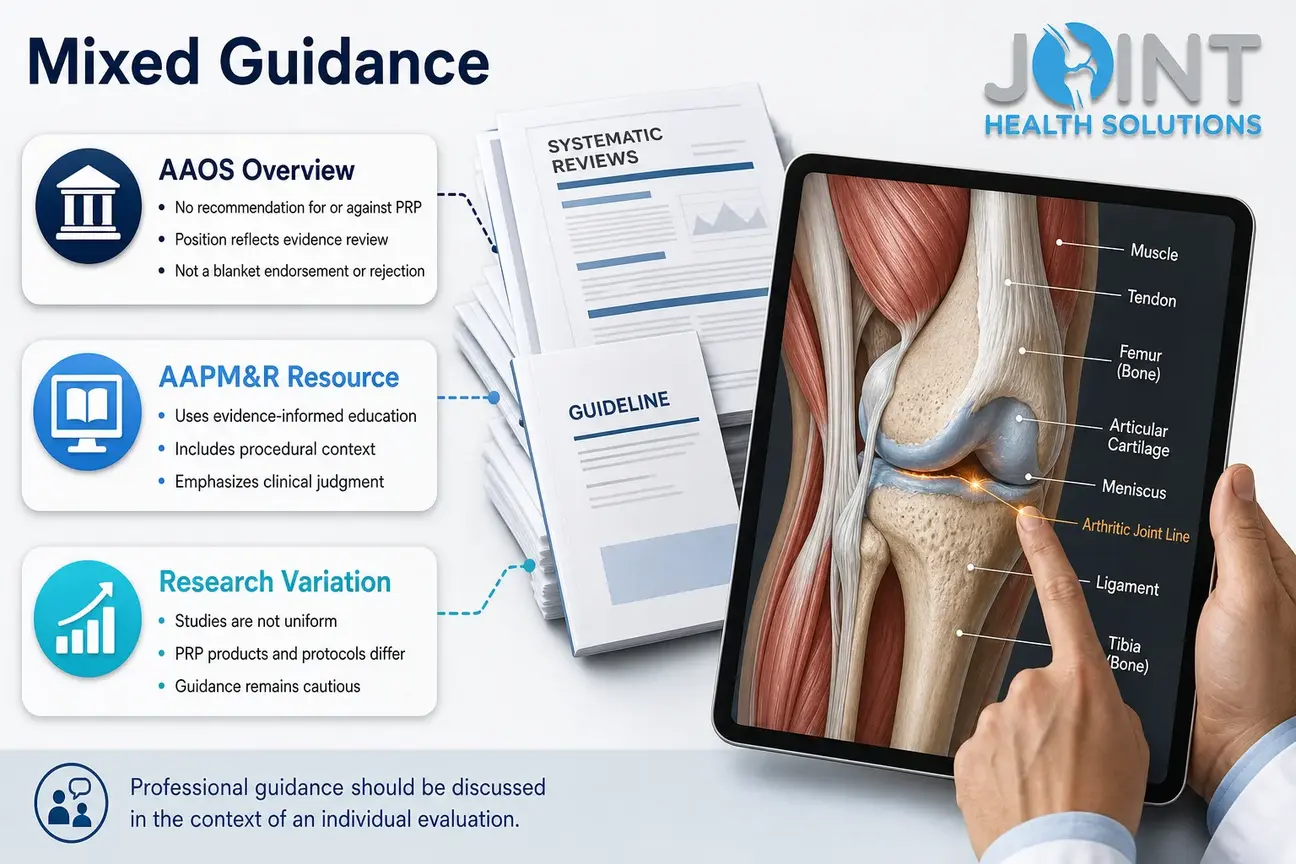 Evidence balance infographic showing cautious mixed guidance on PRP for knee osteoarthritis.