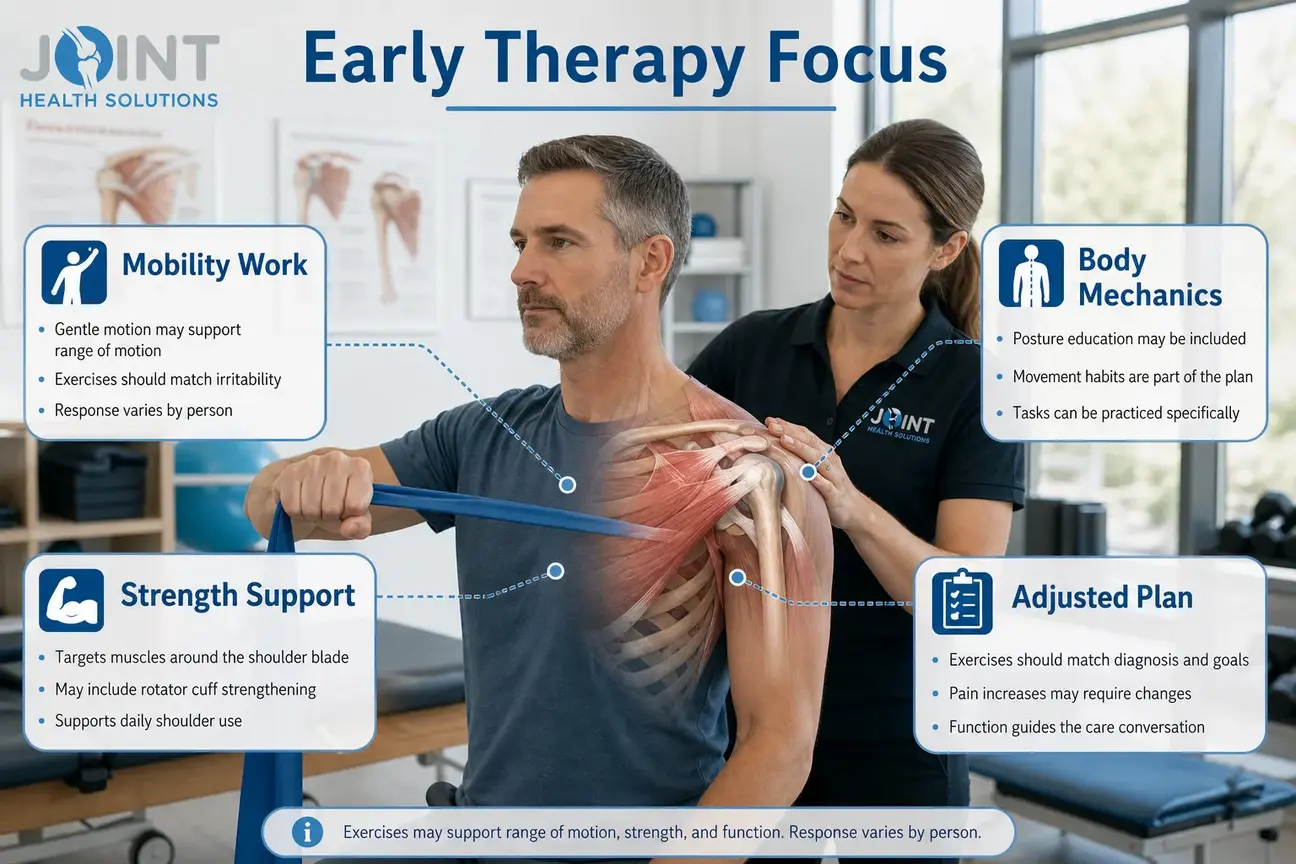 Infografía de fisioterapia que muestra la movilidad, el fortalecimiento, la mecánica corporal y el ajuste del plan para la artritis de la rodilla.