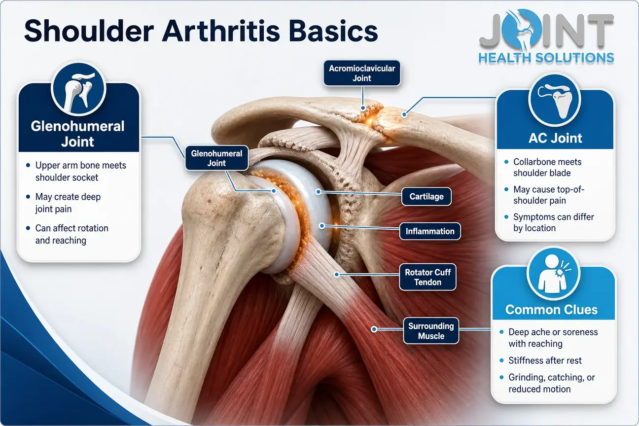 Infografía de la anatomía de la rodilla con etiquetas que muestra las articulaciones glenohumeral y AC, así como los síntomas comunes de la artritis.