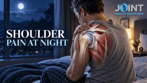 Shoulder pain at night banner featuring a highly detailed anatomical view of the shoulder joint, rotator cuff, muscles, and tendons.