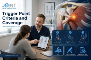 Un médico discute los criterios para los puntos de activación y los conceptos básicos de la cobertura con un paciente utilizando un diagrama de anatomía.