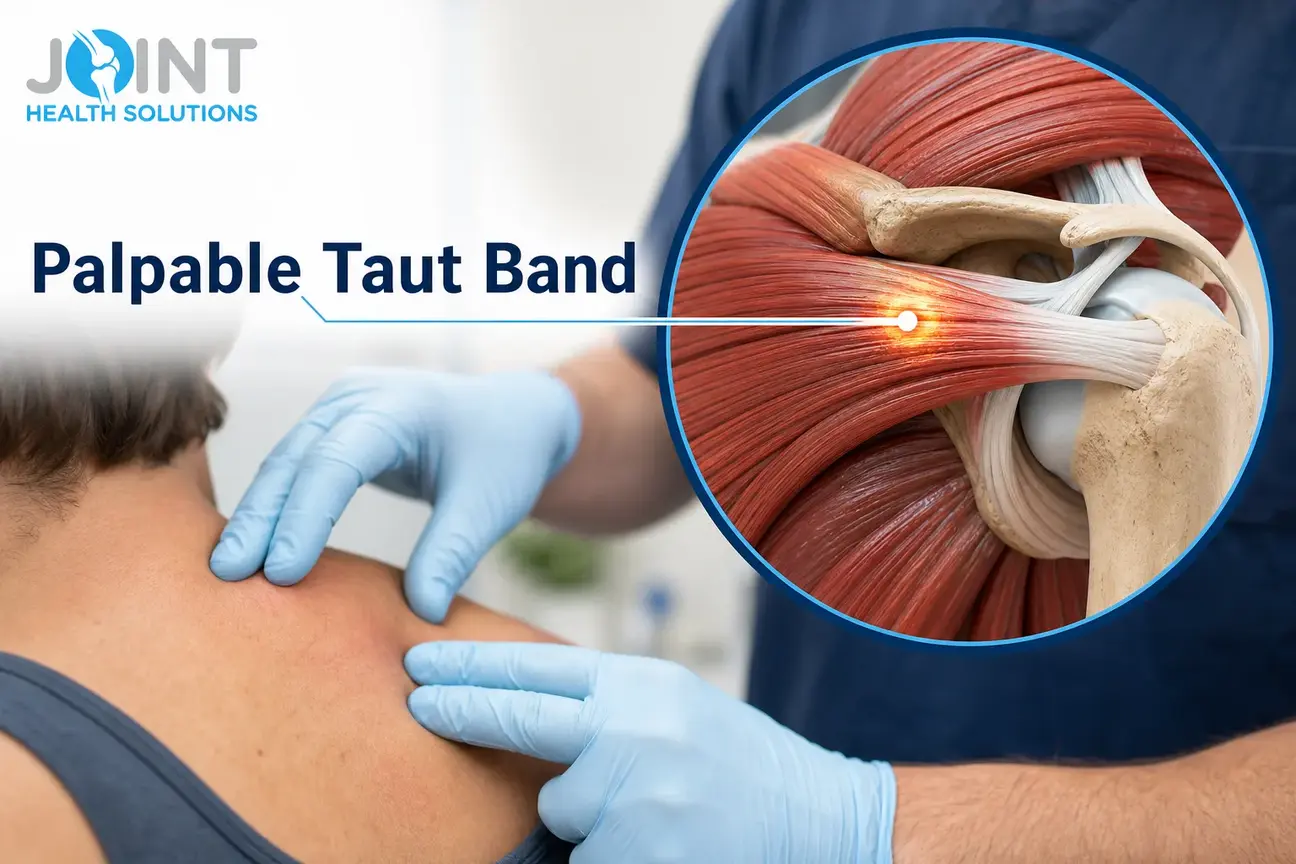 Un médico palpando un músculo del hombro con un inserto marcado que muestra un punto de activación en la banda muscular tensa.
