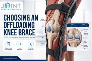 Anatomical knee model with an offloading knee brace and medial and lateral compartment labels.
