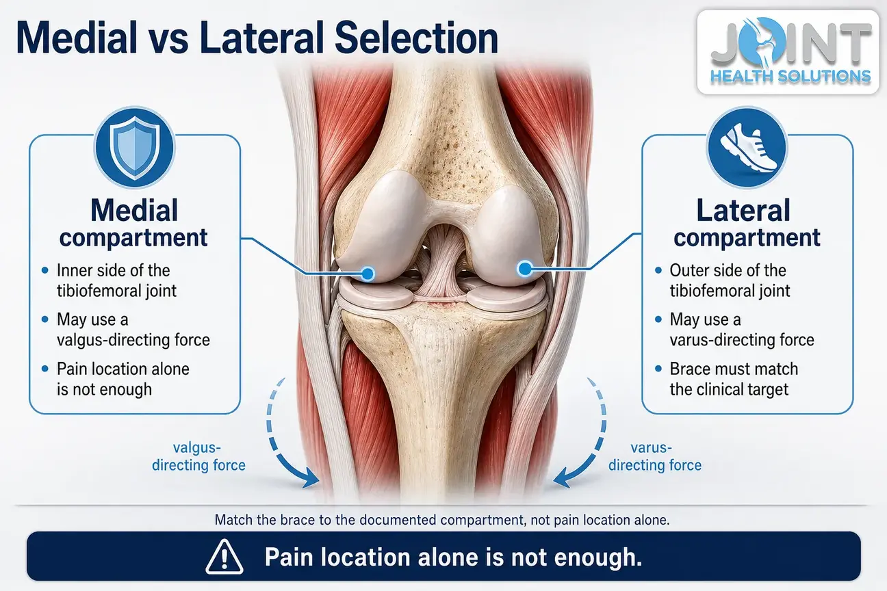 Infographic comparing medial and lateral tibiofemoral compartments for unloader brace selection.
