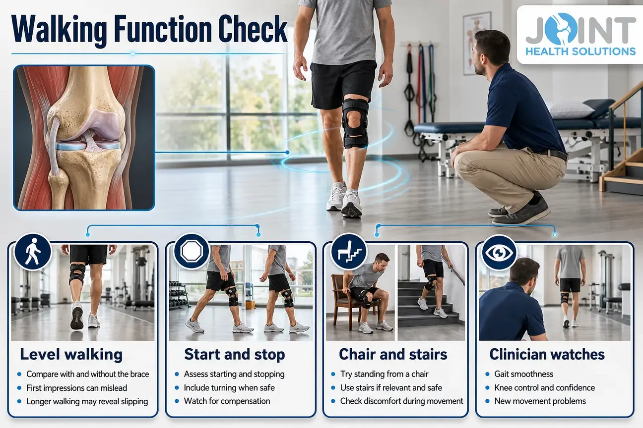 Walking assessment with an offloading knee brace including turning, chair standing, and stairs.
