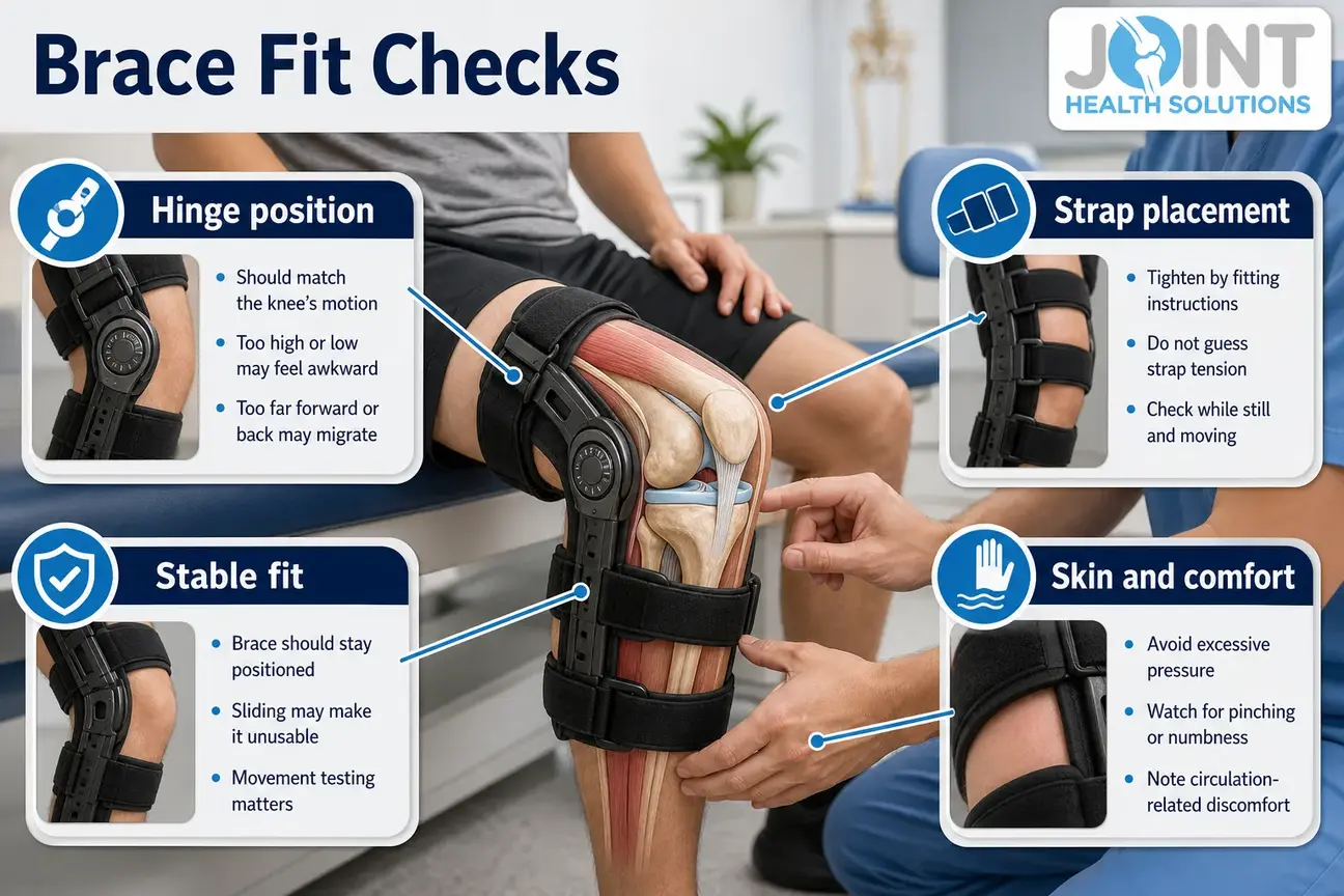 Clinician checking hinge, straps, stability, and comfort during offloading knee brace fitting.