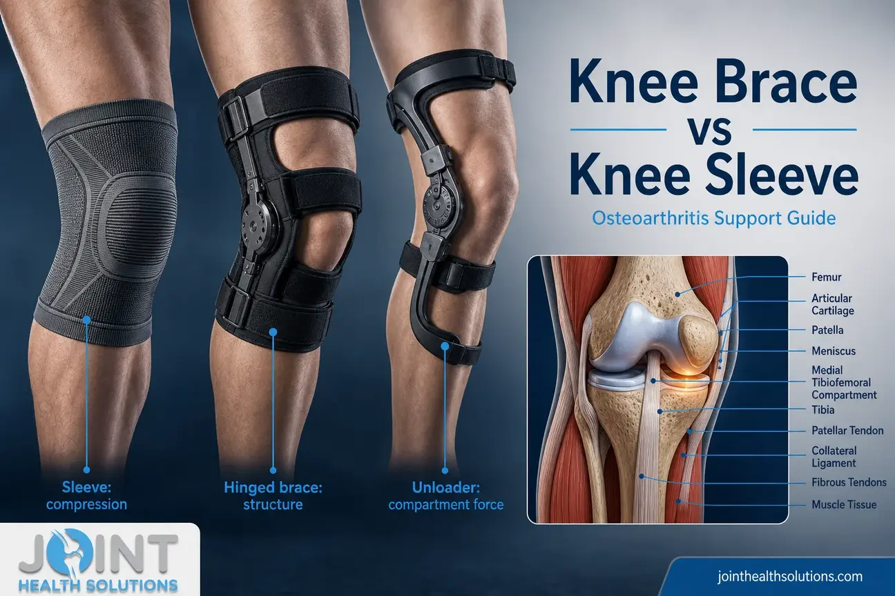 Comparison of knee sleeves, hinged knee braces, and offloading braces for osteoarthritis support.