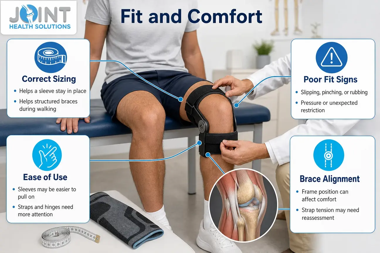 Illustration of knee brace fitting with attention to sizing, slipping, pressure, and comfort.