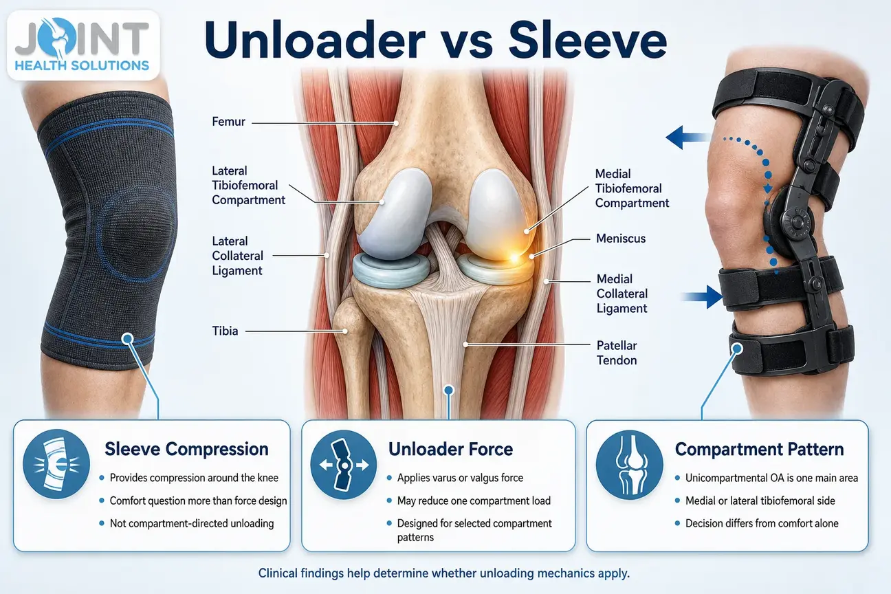 Infographic comparing knee sleeve compression with the directional forces of an offloading knee brace.