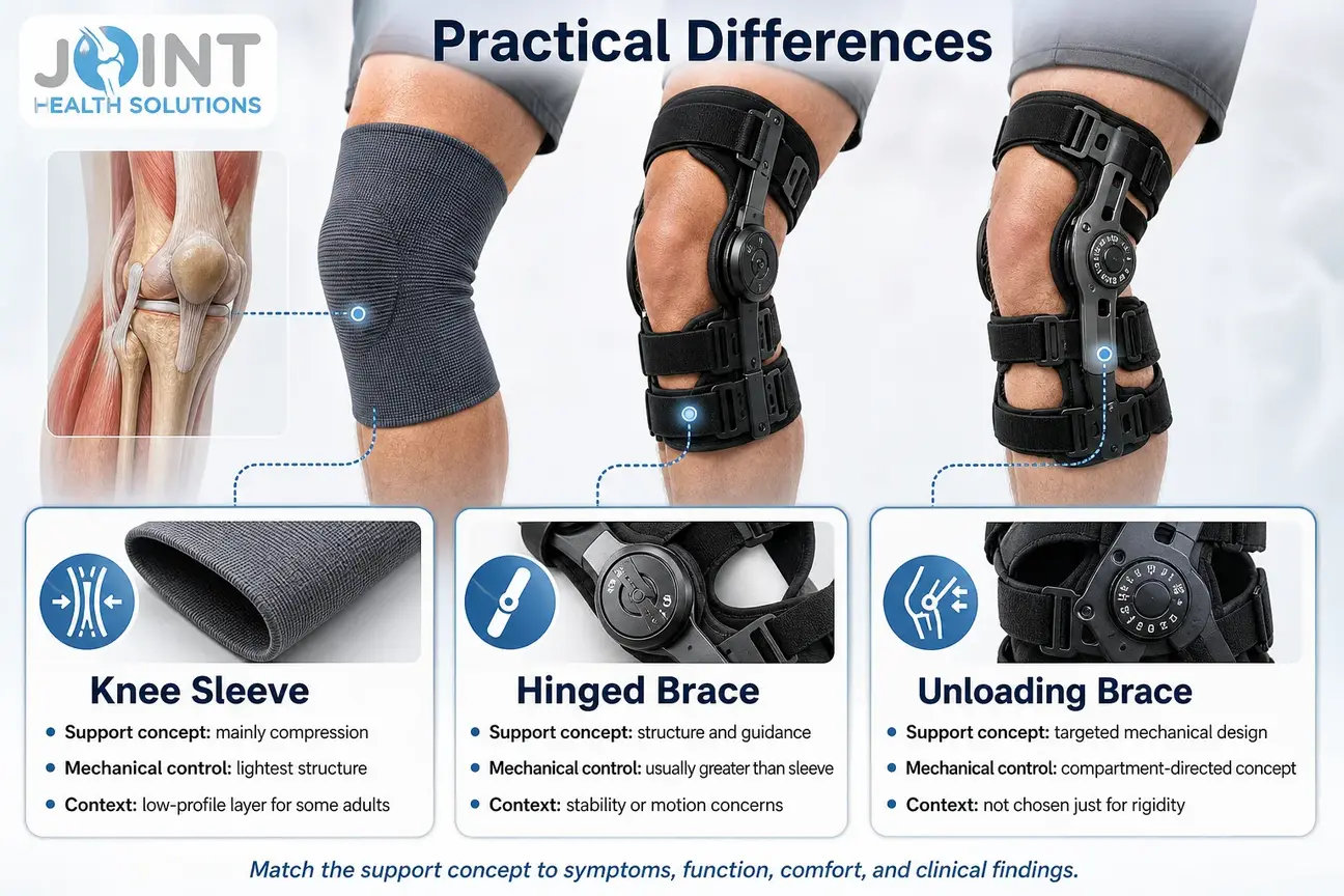 Comparison of compression sleeves, hinged braces, and offloading braces for support, structure, and practical use.
