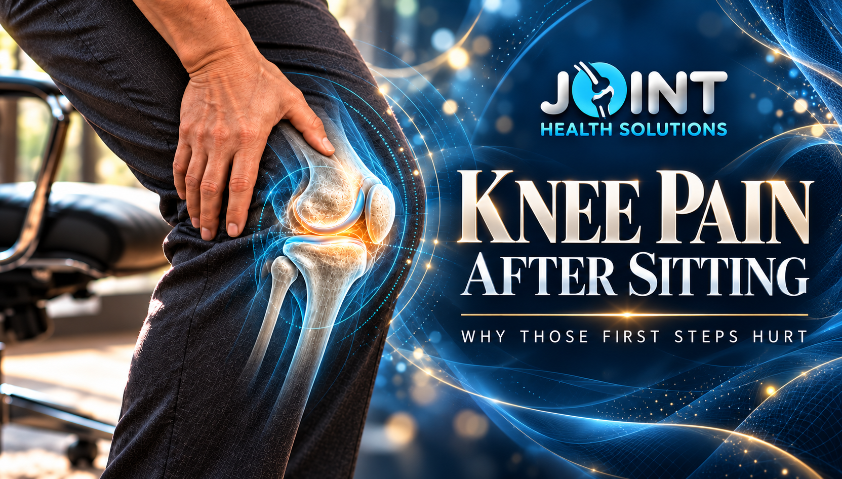 Hand resting on a bent knee with a scientific illustration highlighting the knee joint beneath the clothing.