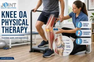 Therapist assessing a supported knee exercise for physical therapy knee OA with an educational knee anatomy inset.