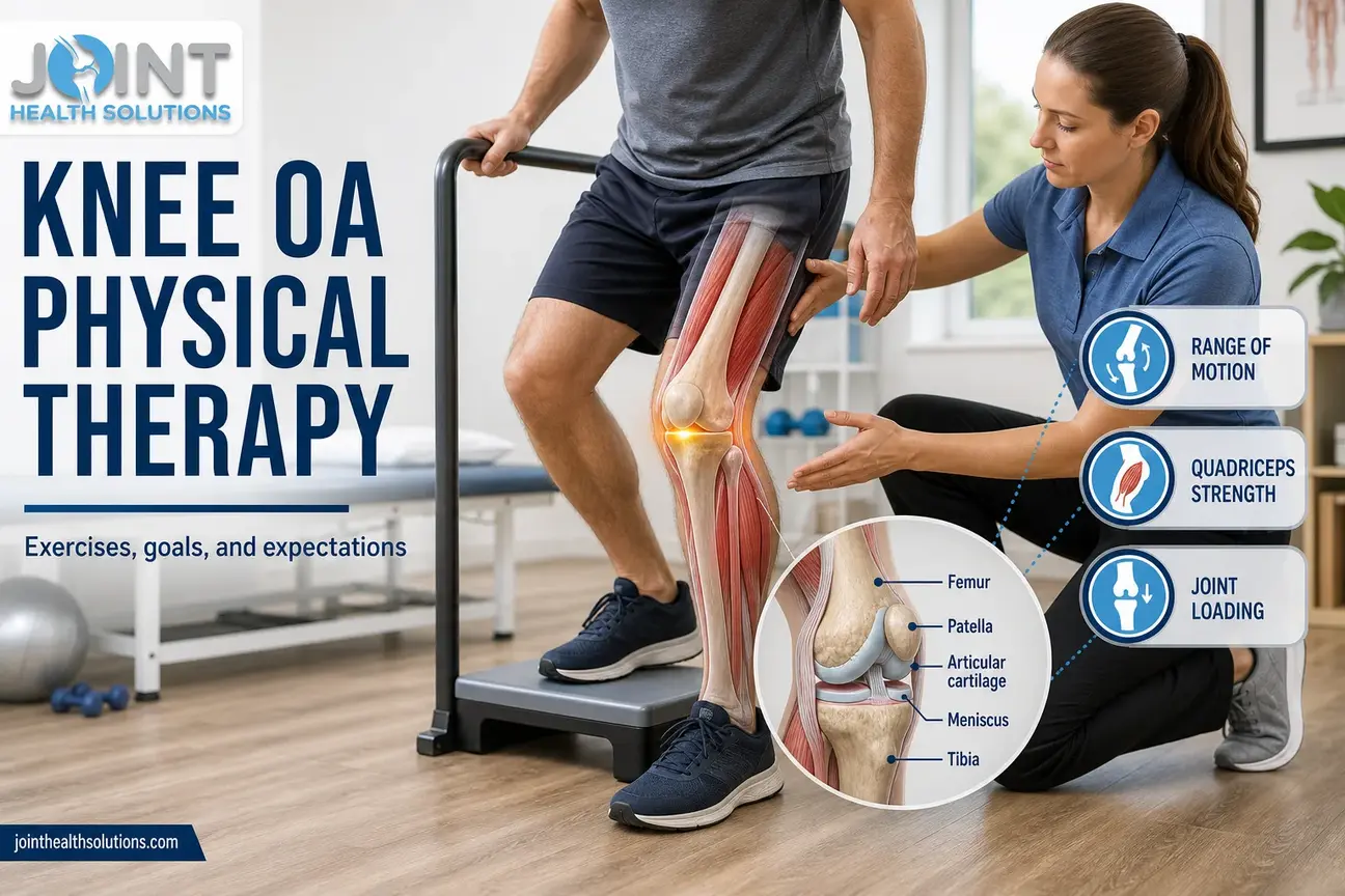 Illustration of a therapist assessing a supported knee exercise with an educational knee anatomy inset.