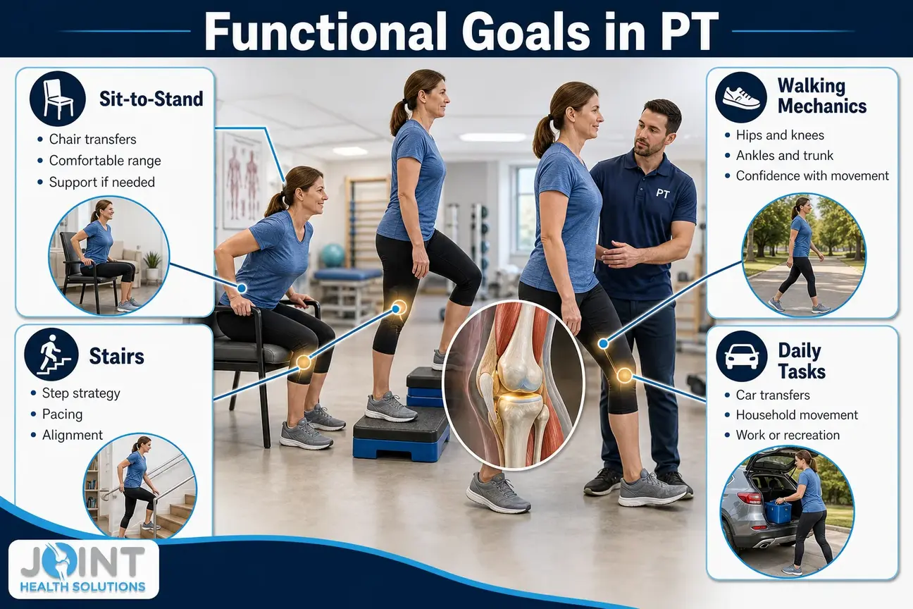 Infographic connecting knee rehabilitation goals with chair transfers, stairs, walking, and daily activities.