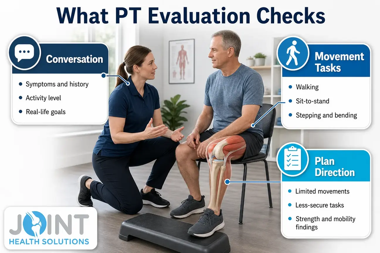 Infographic outlining symptom discussion, movement assessment, and planning during a knee osteoarthritis physical therapy evaluation.