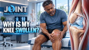 Man holding a swollen knee beside a detailed knee anatomy model showing fluid accumulation in the joint.