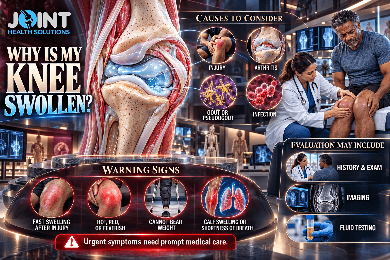 Infographic showing swollen knee anatomy, possible causes, warning signs, and evaluation methods for knee swelling